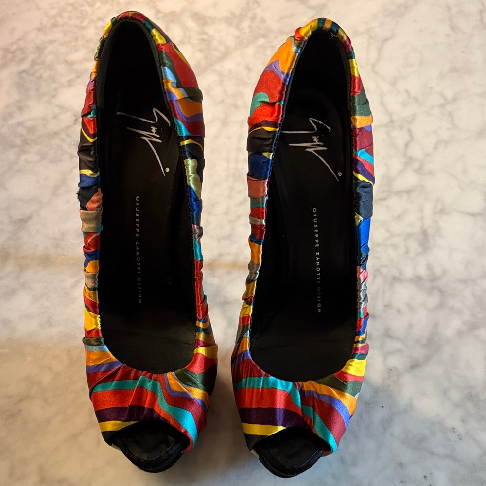 Giuseppe Zanotti Multicolor Satin Striped Peep-Toe Heels
